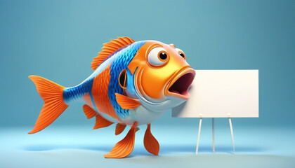 Cheerful fish holding a white card, displaying a placard, isolated on a bright background. Blank internet banner template and space for copy, generative AI.