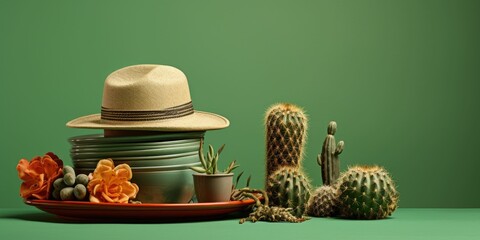 Composition with cactus, hat and pottery on color background  - obrazy, fototapety, plakaty