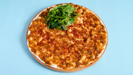 Spicy meat lahmacun top view