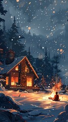 Obraz premium Cozy Winter Cabin Nestled in Snowy Forest with Glowing Fireplace and Falling Snow