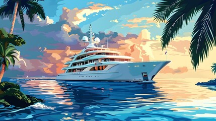Luxurious Cruise Liner Sailing Through Breathtaking Tropical Seascape at Sunset - obrazy, fototapety, plakaty