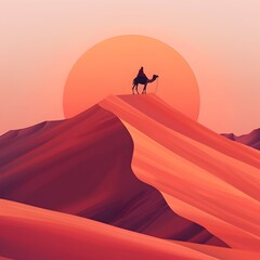 Solitary Camel Silhouette Atop Sweeping Desert Dunes Bathed in Vibrant Sunset Hues, Minimalist Evoking a Sense of Adventure and - obrazy, fototapety, plakaty