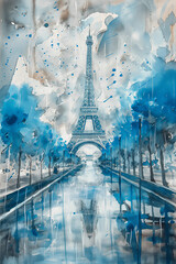 Watercolor Illustration of Eiffel Tower in Paris with Blue Hues and Artistic Splashes