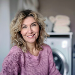 Portrait of a smiling middle-aged woman sitting in front of washing machine