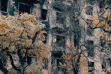 destroyed and burned houses in the city Russia Ukraine war