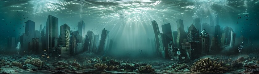 Capture the essence of underwater city life in a single image, showcasing the struggles and triumphs of its residents Highlight the architectural marvels, marine life interactions, and the harmony bet