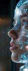 Capture the essence of the global AI sentience debate with a striking low-angle view Show the intersection of technology and humanity in a thought-provoking and visually engaging way