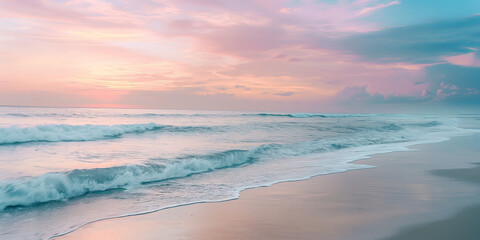 Fototapeta premium Serene Beach Sunset with Pastel Sky and Gentle Waves Rolling In, banner with copy space