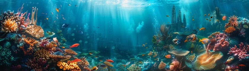 Capture the essence of underwater city life in a single image, showcasing the struggles and triumphs of its residents Highlight the architectural marvels, marine life interactions, and the harmony bet - obrazy, fototapety, plakaty