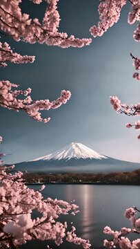 I've created an image that visualizes a serene landscape featuring the majestic Mount Fuji in Japan, embraced by the delicate pink hues of cherry blossoms This scene includes a tranquil lake that mirr