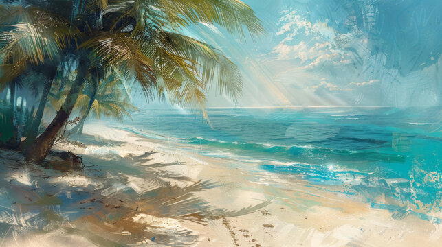 Painting-style depiction of a tropical beach with sunlight filtering through palm leaves, creating a peaceful seascape.