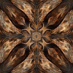 A floral pattern on a wooden surface. in the style of ancient dome and church roof art. dark brown and golden spiral fractal art on wood. traditional old texture paisley iranian, AI Generated.
