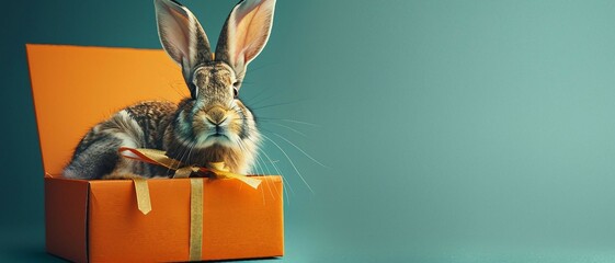 brown Rabbit in a gift box on a green background. Easter holiday concept.
 - obrazy, fototapety, plakaty