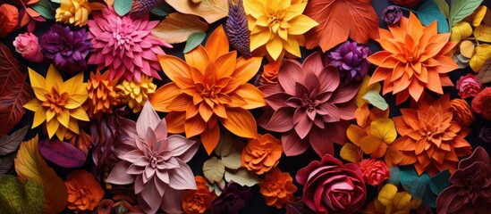 A vibrant display of colorful paper flowers arranged on a dark background, showcasing the beauty of artificial flowers in a unique art piece - obrazy, fototapety, plakaty