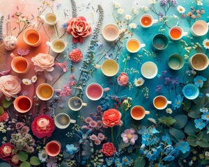 Create a stunning panoramic view featuring cups that magically change color and pattern with the changing seasons Showcase the transition from vibrant blooms in spring to icy blues in winter - obrazy, fototapety, plakaty