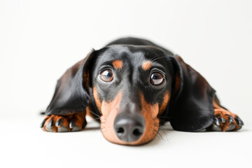 A dachshund gazes with attentive eyes, its sleek black and tan coat contrasting with the stark white background
