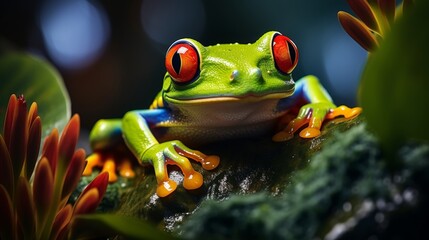 Red-eyed treefrog agalychnis callidryas in lush rainforest natural habitat with space for text - obrazy, fototapety, plakaty