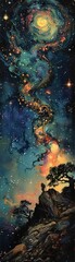 Illustrate an otherworldly creature observing an abstract cosmic phenomenon from a side angle, such as a celestial dance of stars or a gravitational anomaly, emphasizing the creatures wonder and awe i