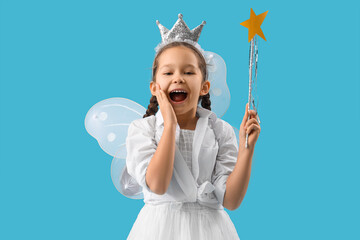 Surprised little fairy with wand on blue background