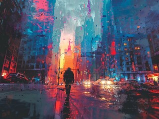 Imagine a futuristic cityscape with digital glitches and distorted buildings, portraying a world unraveling its simulated nature Colors blending into pixels, mysterious figures questioning their exist