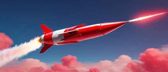 A red rocket soars through the sky in a stylized illustration. Generative AI.

