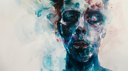 Painting depicting a mans face with smoke billowing out of his mouth and nostrils. Smoke adds a dynamic element to otherwise static portrait, creating a sense of movement, intrigue. Banner. Copy space - obrazy, fototapety, plakaty