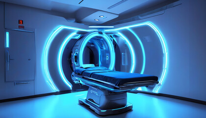 Modern magnetic resonance imaging (MRI) machine. Project in a contemporary hospital. Generative AI. - obrazy, fototapety, plakaty