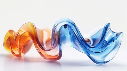 3d render of fluid glass wavy shapes, blue and orange gradient on white background, smooth and elegant curves, floating in the air, minimalistic, this composition creates a sense of modernity  - obrazy, fototapety, plakaty