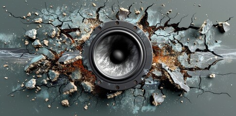 Black Subwoofer Breaking Through Wall with Dark Gray Background