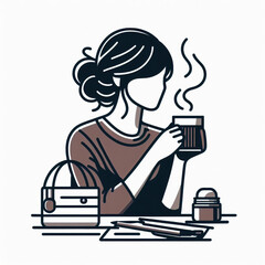a girl drinking tea, minimal design, outline with solid fill color, background white vector illustration line art