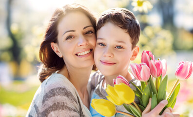 Adorable scene of a young boy giving flowers to his mother for Mother's Day on a flower field background and copy space