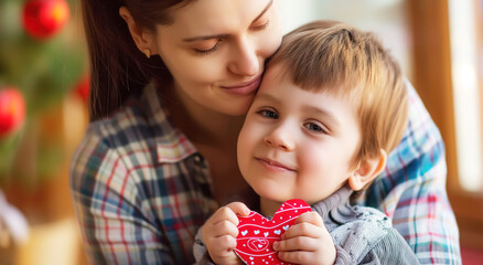 Lovely home scene of a mother and son holding a heart for Mothers Day celebration