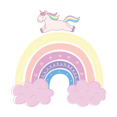 Childish hand drawn rainbow with cute unicorn. Rainbow decoration in candy colors. Baby kids design. Vector illustration