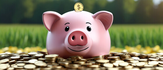Large pink piggy bank for storing money and coins. In a colorful style, generative AI.