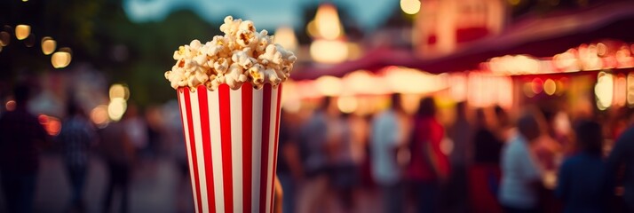 Bowl of popcorn on blurred background with copy space, snack food concept for sale and movie nights