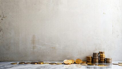 golden coins stacked together on white background - obrazy, fototapety, plakaty