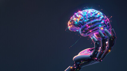An imaginative composition that displays a robot arm delicately holding a brain that glows with a spectrum of colors, symbolizing ideas and AI
