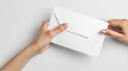 Fototapeta premium Detailed human hand giving blank white envelope isolated over white background with copy space.