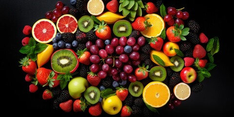 Fresh fruits on a black background. Top View