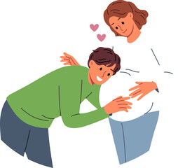 Future dad leans against belly of pregnant woman, listening to movements of baby in womb. Pregnant girl feels love and affection of groom, who is looking forward to birth of child.