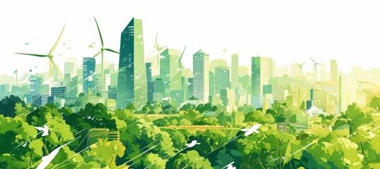 A green city skyline with tall buildings and wind turbines