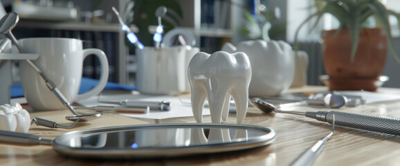 Tooth and Dental Mirror on Table in Medical Clinic Background