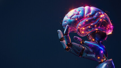 A digital art piece showing a robot with a human-like hand, holding a vibrant, neon, glowing brain against a dark background