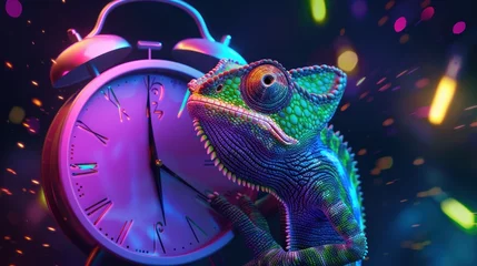 Gordijnen Surreal digital art representing a curious chameleon gazing at a bell alarm clock with sparkling celebratory background © Fxquadro
