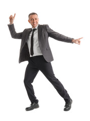Funny businessman dancing on white background