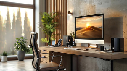 Contemporary home office with panoramic city view, featuring elegant wood accents and modern tech equipment.