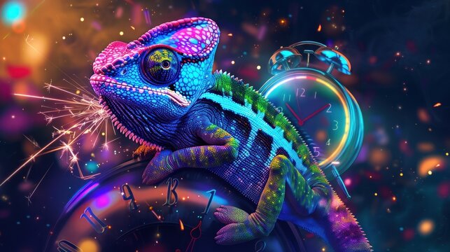 A vibrant chameleon sits on a musical alarm clock surrounded by a magical flurry of notes and particles in this fantastical digital creation