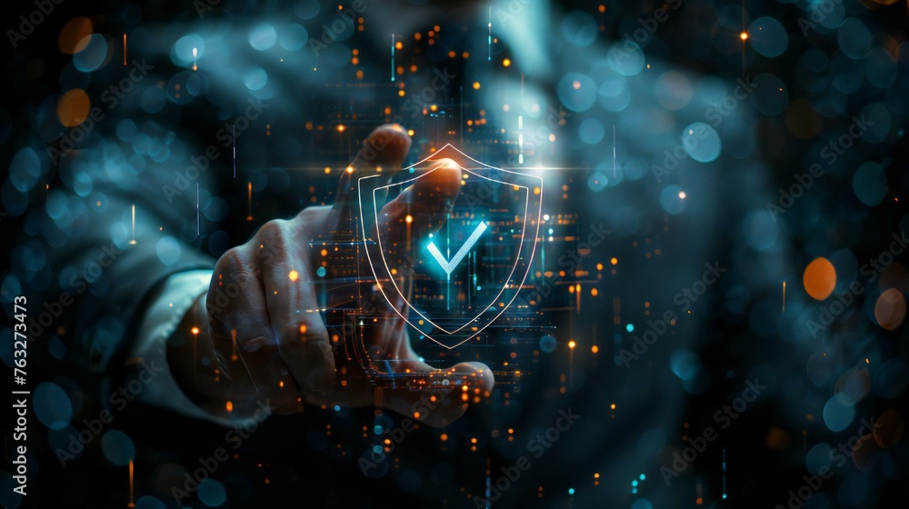 Poster a man is pointing at a glowing shield with a check mark on it. concept of security and protection, a