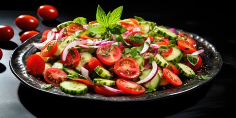 Fresh salad with cherry tomatoes, cucumbers, onions and basil on black plate background