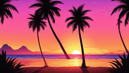 Sunset over the ocean with palm trees in retro colors. Generative AI.


